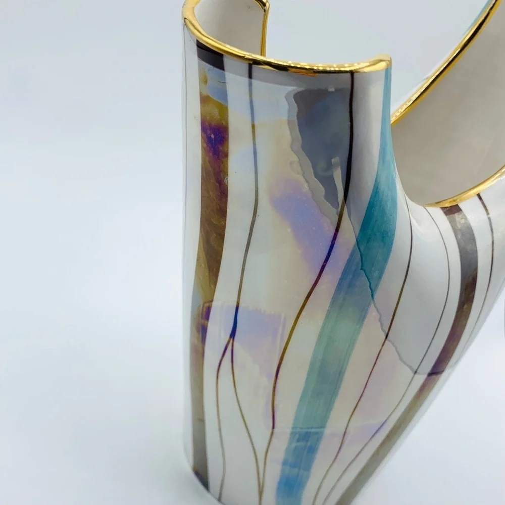 Vintage MCM Italian Iridescent Striped Vase with Gold Trim – 8.5”